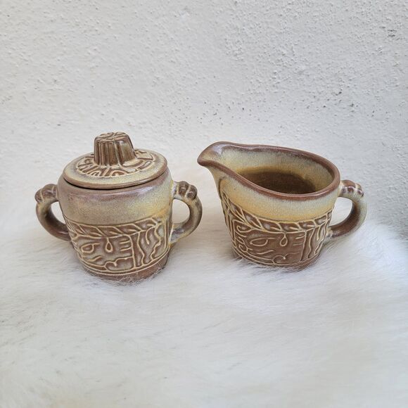vintageFrankoma Pottery Mayan Aztec Brown Creamer & Lidded Sugar 7A 7B - Picture 2 of 5